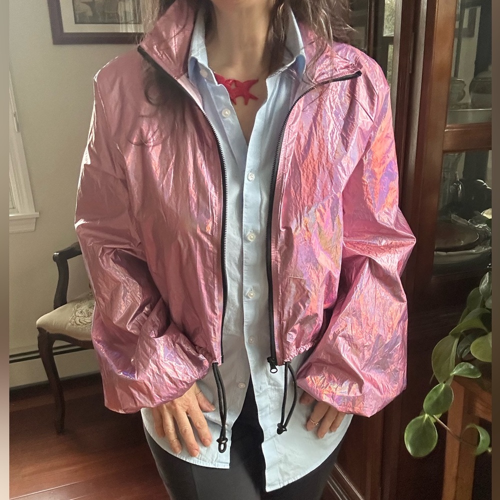Shimmering Iridescent Pink Windbreaker Jacket Black Zipper - Picture 11 of 11